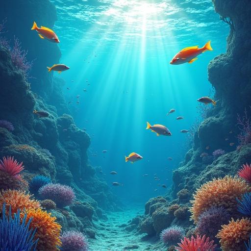 Create an underwater scene filled with various animals in bright colors and rays of sunlight filtering through the surface.