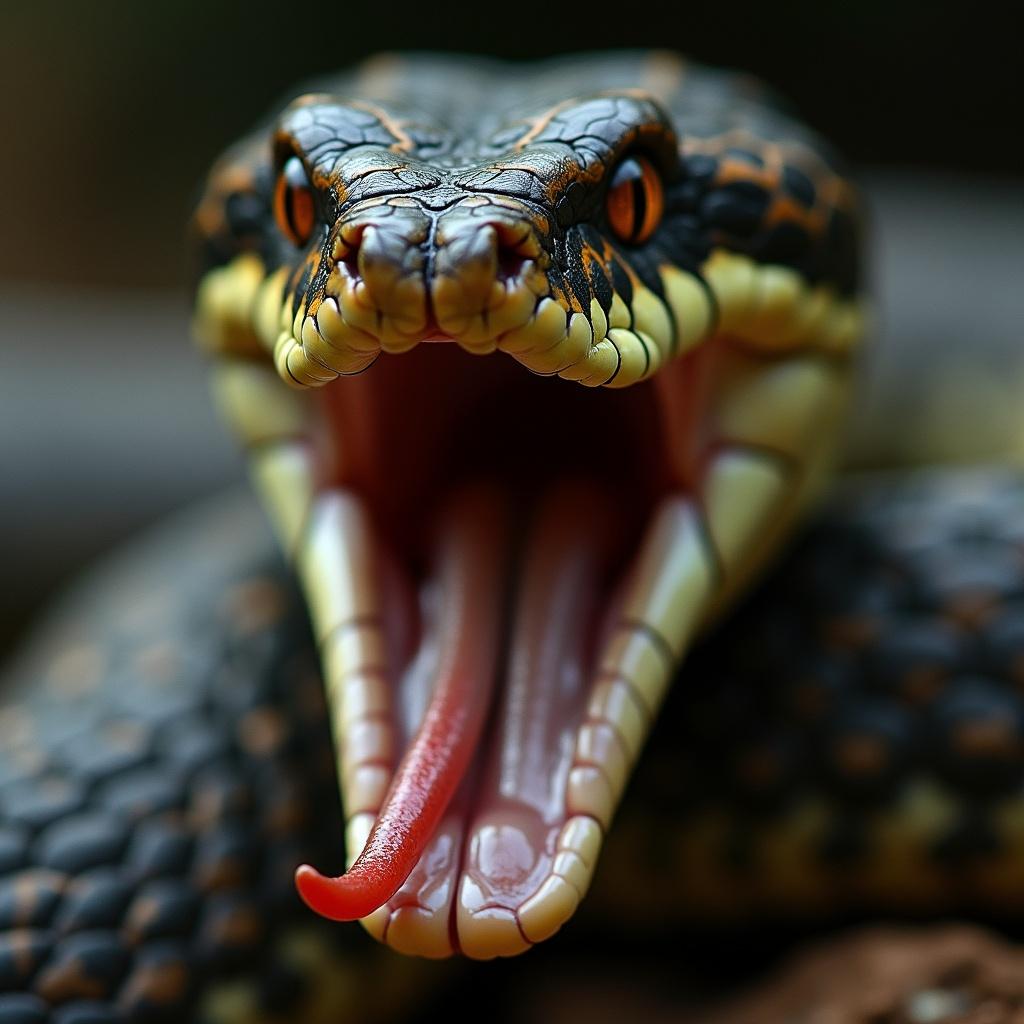 Close-up of a snake showing its open mouth and extended tongue