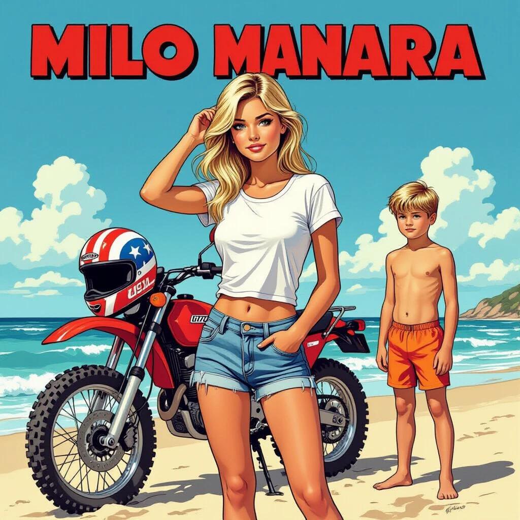 Comic-style illustration featuring a blonde girl and a boy at the beach beside an off-road motorcycle. The girl has a white shirt and short jeans. She strokes her hair while standing next to the motorcycle, on which a helmet with stars and stripes lies. The boy stands nearby in orange shorts, observing the motorcycle. Background is a sunny beach setting.
