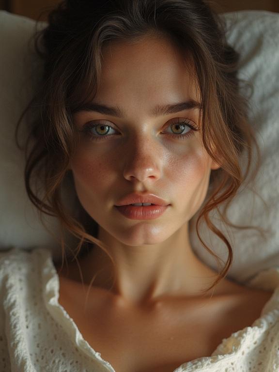 Captivating portrait of a beautiful young woman with natural makeup and soft features. Close-up shot focusing on her serene expression and captivating eyes.