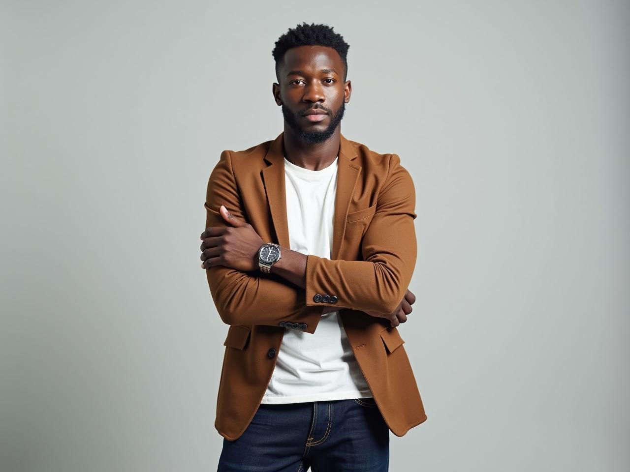 The image features a man standing confidently in a studio setting. He is wearing a stylish brown blazer over a plain white t-shirt. His arms are crossed in front of him, and he has a watch on his left wrist. The background is light gray, providing a neutral backdrop to his attire. The man's face is obscured, focusing attention on his outfit and pose. The overall look is polished and professional.