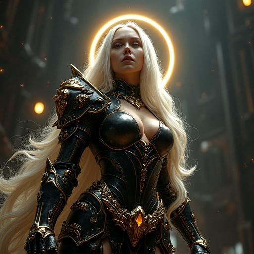 Hyperrealistic image of a blonde-haired girl in elaborate black and gold armor. She holds a glowing sword and has a halo surrounding her head. The setting is dark with dramatic lighting and dynamic angles, showcasing her powerful presence and intricate armor design. The image blends fantasy with sci-fi elements.