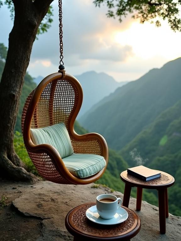 Serene outdoor scene featuring a hammock chair suspended from a tree. Chair made of dark brown wood with a woven wicker seat. Side table made of polished wood with a smooth surface. White coffee cup with steam on the table next to a closed dark blue book. Background of misty mountains and a dramatic sky with sunlight. Rocky ledge with tree trunk in the foreground.