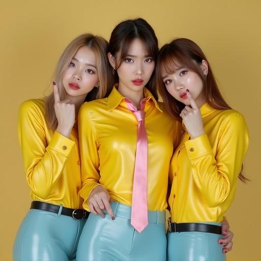 Ultra realistic photo of a K-pop girl band. Three members wear yellow gold fitted shirts made of PVC latex. They wear light blue PVC latex leggings underneath. Pink satin ties complete their looks. Black ankle boots are on their feet. The band members pose with attitudes and expressions.