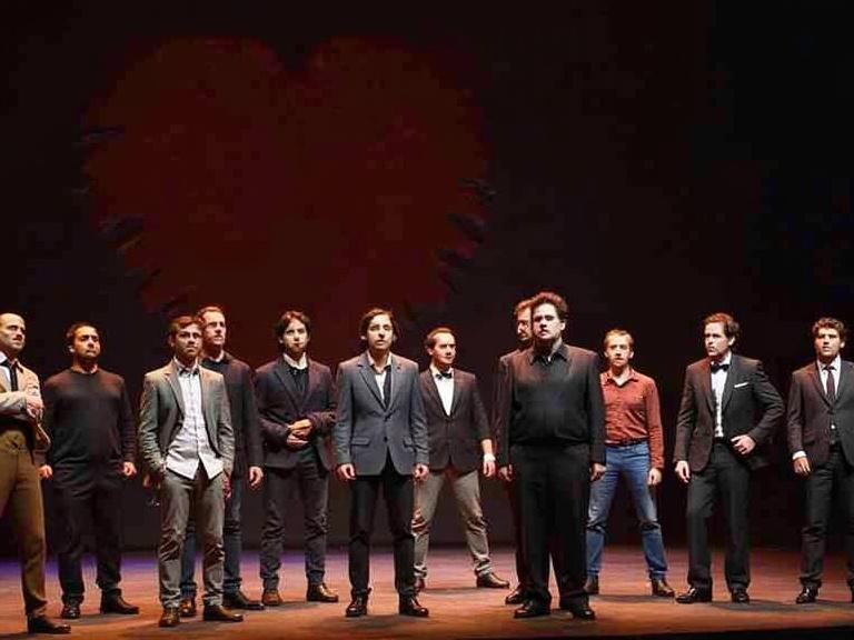 Group of male performers on stage in formal attire. Dark background with stark lighting. The performers are arranged in a line. They express a range of emotions on their faces.