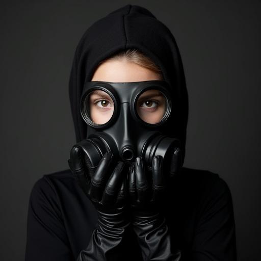Portrait of a girl wearing a gas mask. Full face coverage gas mask and black attire. Hair concealed with a black latex hood. Wearing full latex gloves.