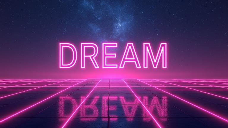 Neon tech music album cover featuring futuristic text with the word 'DREAM'.