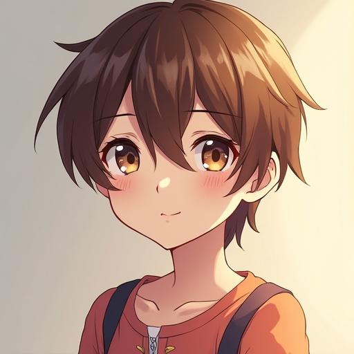 Anime style illustration of a young boy with brown hair. The boy has a cheerful expression. He is wearing a simple t-shirt with suspenders. The background is soft and lightly colored.