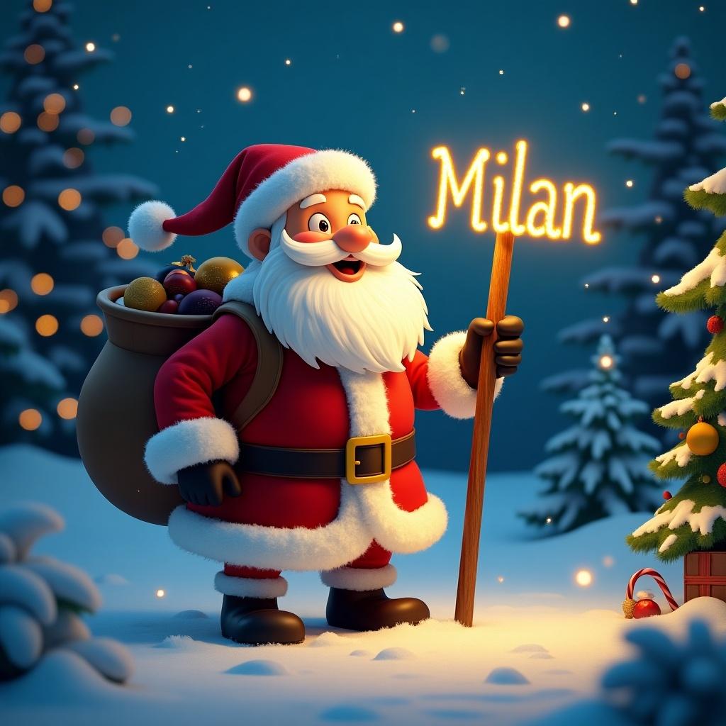 This enchanting image showcases a cheerful Santa Claus standing in a snowy landscape. He is adorned in his traditional red and white attire, complete with a festive hat. Santa holds a glowing stick, illuminating the name 'Milan' in a whimsical script. Surrounding him are frosty trees and softly falling snow, adding to the holiday ambiance. The overall scene is magical and inviting, celebrating the spirit of Christmas.