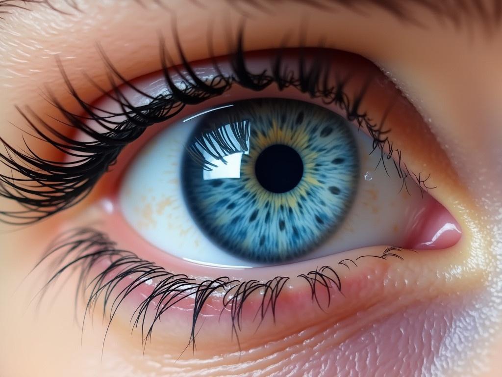 The image shows a close-up of a beautifully colored eye with intricate details. The iris is a striking blue with subtle hints of gray, creating a mesmerizing effect. Surrounding the iris, the sclera appears bright and vibrant, almost sparkling. The eyelashes are softly drawn and frame the eye delicately. The surrounding skin is shaded gently, capturing the natural contours and warmth. The overall composition showcases artistic skill in rendering realism through colors and shades.