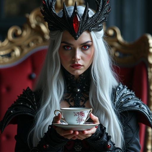 Demon queen with long silver hair and red eyes in black and crimson armor. Stands in dark throne room. Nervous smile with trembling lips, wide eyes showing social anxiety. Holding teacup with unease, closed posture and slight blush. Magical particles around. Hyper-realistic lighting and strong contrast.