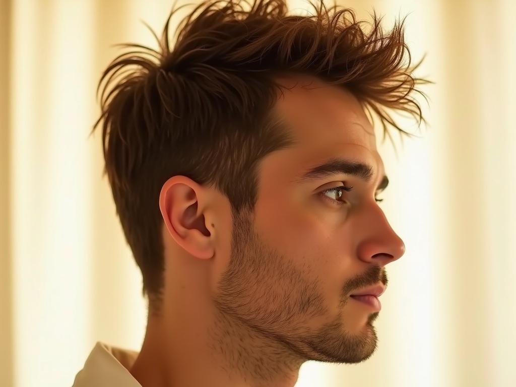 The image features a male subject with short, spiky brown hair and a light skin tone, shown in profile view. The composition highlights the side of his face against a softly blurred, bright background, which enhances the visibility of his hairstyle. Notable details include a slight stubble and a relaxed expression, with warm lighting adding a subtle glow to the skin.