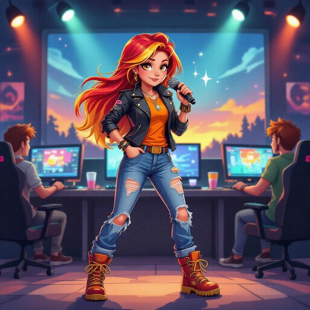 Character stands confidently at a video game tournament with sunset in the background. She has long red and yellow hair. Wearing a black biker jacket and an orange shirt. Has ripped jeans and shiny red hiking boots. Two competitors are visible behind her.