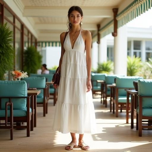 Woman wears a white tiered dress in light-filled open-air dining area. Dress has halter neckline and full skirt. Woman has dark brown hair and carries a structured crossbody bag. Dining area has turquoise chairs and wooden table. Ceiling shows architectural details and plants are present.