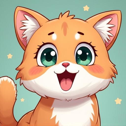 A cheerful cartoon cat with large expressive eyes. The cat has orange fur with white patches. The background is light teal. The cat is smiling broadly. The style is playful and colorful, appealing to children.