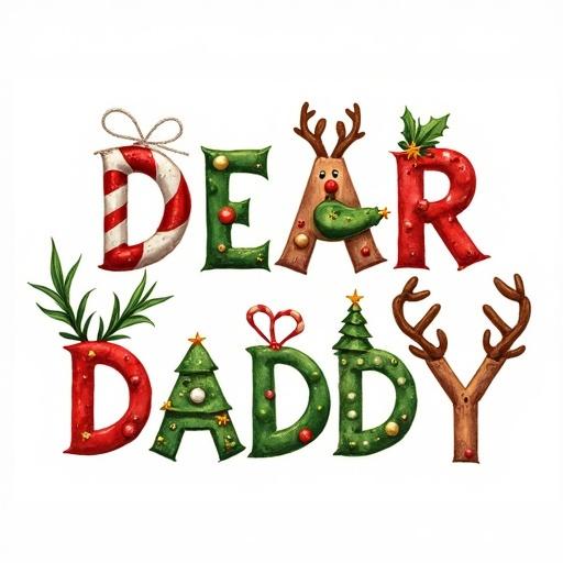 Festive design features words DEAR DADDY. Each letter crafted from themed elements. D is a red and white striped candy cane. E has a green and white striped pattern. A shaped like a Christmas tree with ornaments. R is a reindeer with antlers. Second D mirrors the first. Second A is another green Christmas tree. Y's decorated red and green accents, one with a sprig of holly. Vector watercolor on white background.