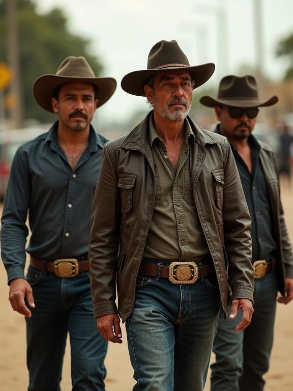 Three men walk confidently on a street dressed in cowboy attire. They wear dark shirts and hats. Casual yet bold style is evident. The scene conveys a strong presence in the neighborhood. Full body view emphasizes their attire and confidence.