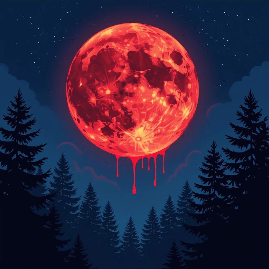 Full moon night with a moon that bleeds red. Comic book style. Dark sky filled with stars. Dense pine forest silhouette. Mysterious and eerie atmosphere.