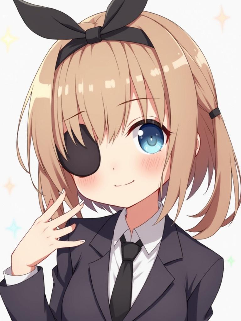 Anime character has light brown hair and hairband. Pale skin with soft blush and long eyelashes. Character wears a suit and has a cold demeanor. Eye-catching anime style is central focus.