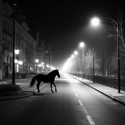 Black and white thermal surveillance image of a horse walking down an empty city street at night. Infrared style with high contrast, creating a mysterious surreal atmosphere.