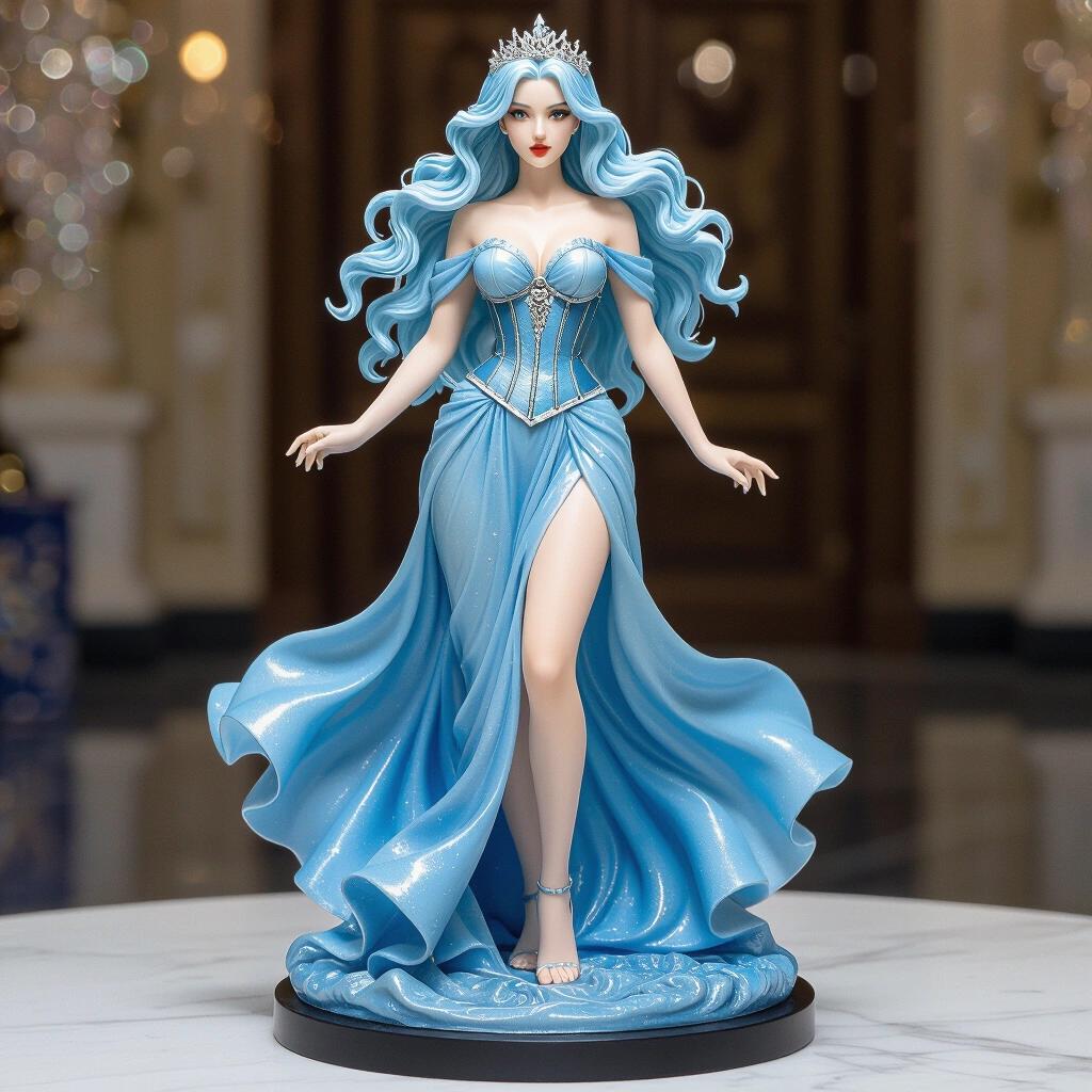 Ultra-detailed resin statue of a celestial queen representing Aquarius. She has long light blue wavy hair and wears a tight corset. The dress is long and flowing in blue, standing on a solid base.