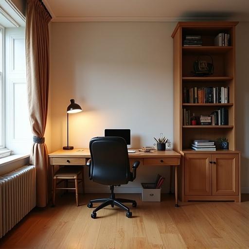 A study room with a large desk against the south wall. An office chair faces the desk. A tall bookshelf on the east wall. A floor lamp provides soft light. To the left of the desk is a small side table. The room has a wooden floor and warm lighting.