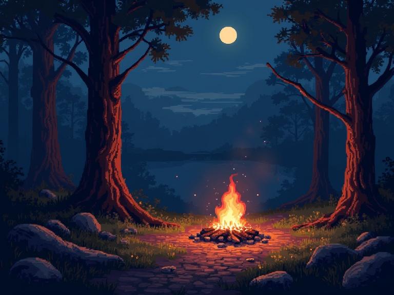 Pixel art depicting a moody low-fantasy ambiance. Scene features a campfire with soft warm light. Strong contrasts between firelight and darkness. Clear pixel structure with color gradients. Nature scenes with elements like ruins, wanderers, midnight, woods, resting after a journey, enjoying silence.