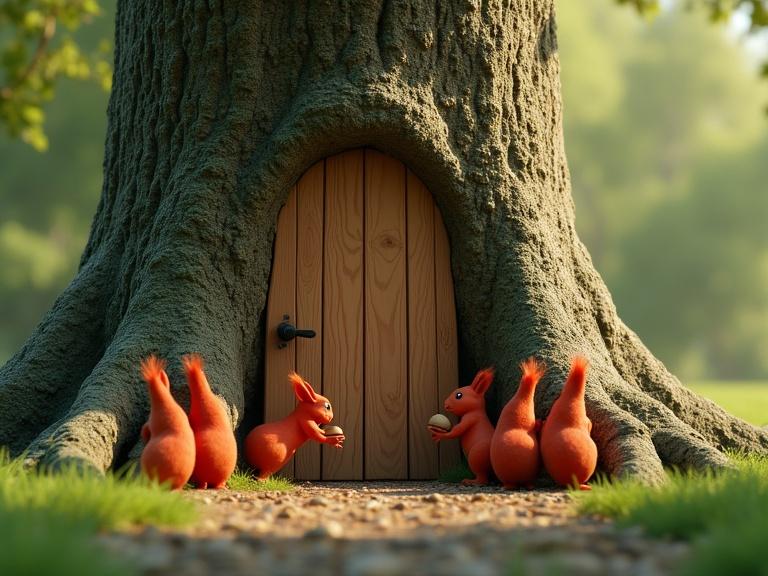 3D hyperrealistic image of a giant tree with a wood door at its base. Red squirrels with acorns gather at the door. Soft green foliage in the background.