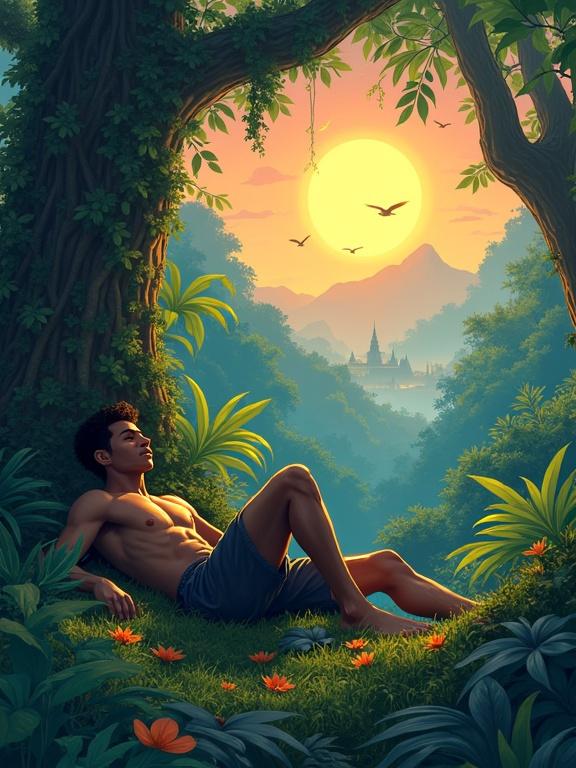 A young man with Dominican descents lies on moss in a vibrant forest. He is surrounded by exotic plants and birds. The sun rises in the background. The atmosphere is calm and magical. Light filters through large trees.