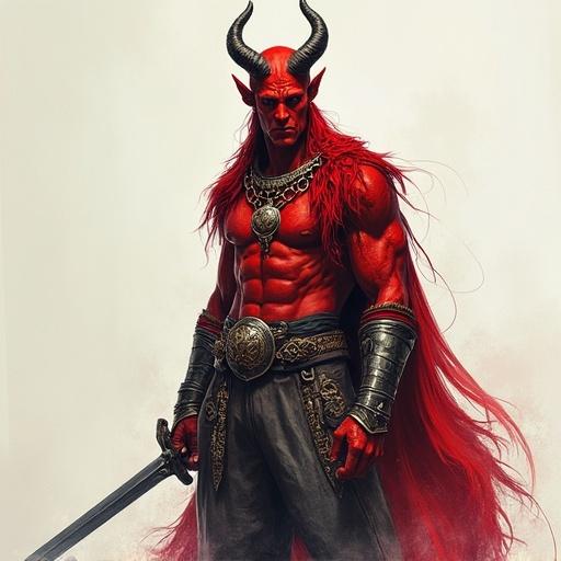 Stylized 2.5D pen sketch featuring a red-skinned male tiefling with short horns. Character wears a charm and chainmail. Holding a longsword with plate pants. Intense expression on face. Colored pen style with visible strokes and paper texture. Soft cel shading and matte shading for depth.