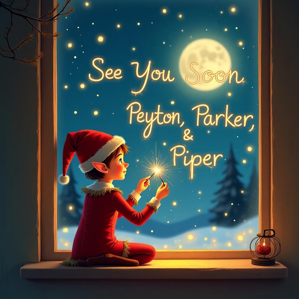 This enchanting illustration features an elf cheerfully sitting by a window at night. Clad in a bright red outfit and a whimsical pointy hat, the elf joyfully crafts 'See You Soon' in the sky using a sparkler. The names 'Peyton, Parker, & Piper' are elegantly displayed below the cheerful greeting. The warm light from the room creates a cozy atmosphere, enhancing the festive feeling of the scene. Outside, a bright moon shines, casting a magical glow over the winter landscape.