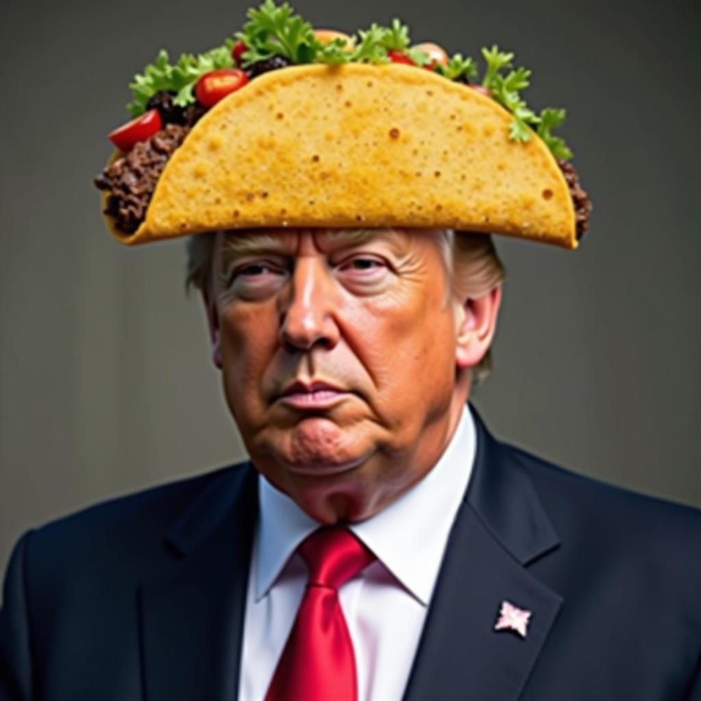 Generate funny meme with taco on head of a prominent figure depicting humor and levity in political context.