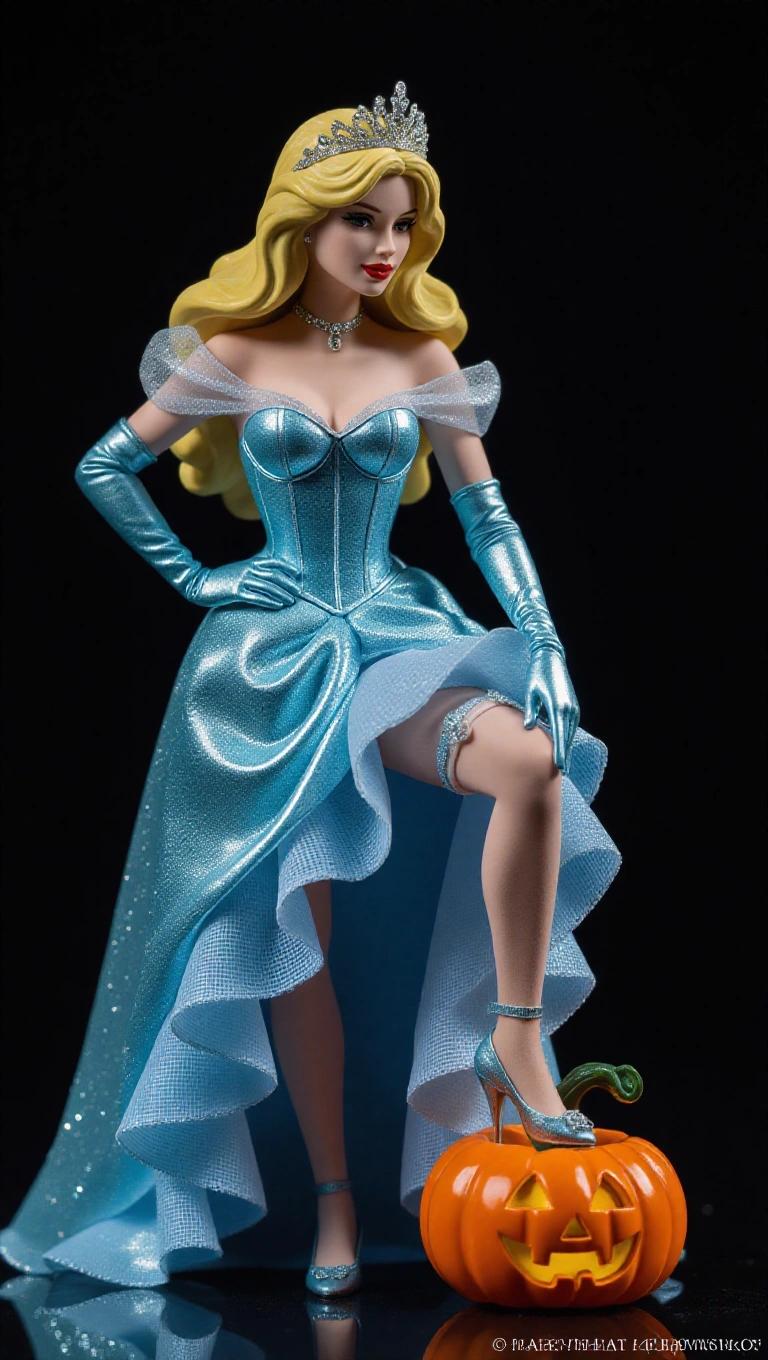 Ultra-detailed resin figurine inspired by Cinderella. Fair-skinned woman with long blonde hair wearing a tiara. Elegant pose with leg raised on a pumpkin. Adjusting thigh garter belt while wearing glass slippers. Light blue corset and tulle skirt. Base decorated with broken pumpkins and magical crystals.