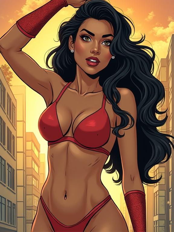 A confident woman in a red bikini and gloves poses dramatically against an urban backdrop at sunset. She has long, flowing hair and an expressive face, embodying a comic book style.