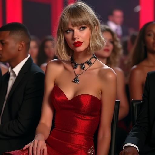 Photorealistic image of a young, attractive woman in red dress. She is sitting in front row at Grammy Awards. Woman holds an award and looks happy. Casual crowd in soft focus in the background.