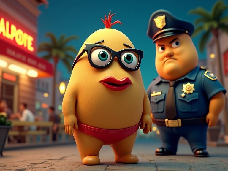 A humorous cartoon scene featuring a potato character wearing a bikini. This potato showcases funny glasses and has a cheeky smirk. Two cartoon police officers stand next to this potato character. The setting includes a night café in the background. The artistic style is vibrant and exaggerated.