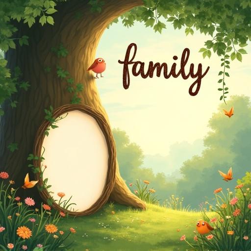 A whimsical family-themed collage in a lush forest setting featuring three decorative photo frames. The frames are uniquely styled: a tree hollow, a window with vines, and a floating leaf. The word 'family' appears in a hand-drawn style. The aesthetic blends fantasy, warmth, and nature elements.