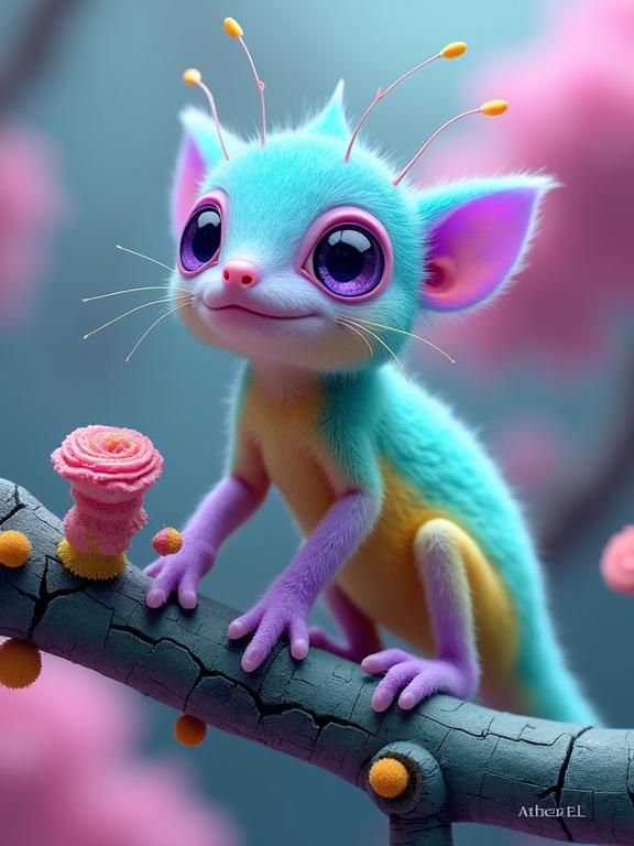A whimsical vividly colored fantasy creature perched on a surreal brightly textured branch. The creature has a soft fur texture with large round eyes and thin antennae. The branch resembles coral with colorful growths. Background is a soft-focus gradient creating a dreamlike atmosphere. The text 'Aether Elf' appears in playful sky blue font.