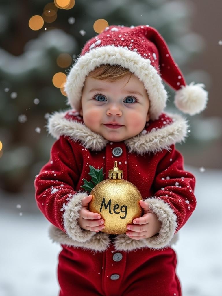 Baby dressed in festive clothing holding a golden bauble with the name Meg. Snowy background creates a cozy winter atmosphere.