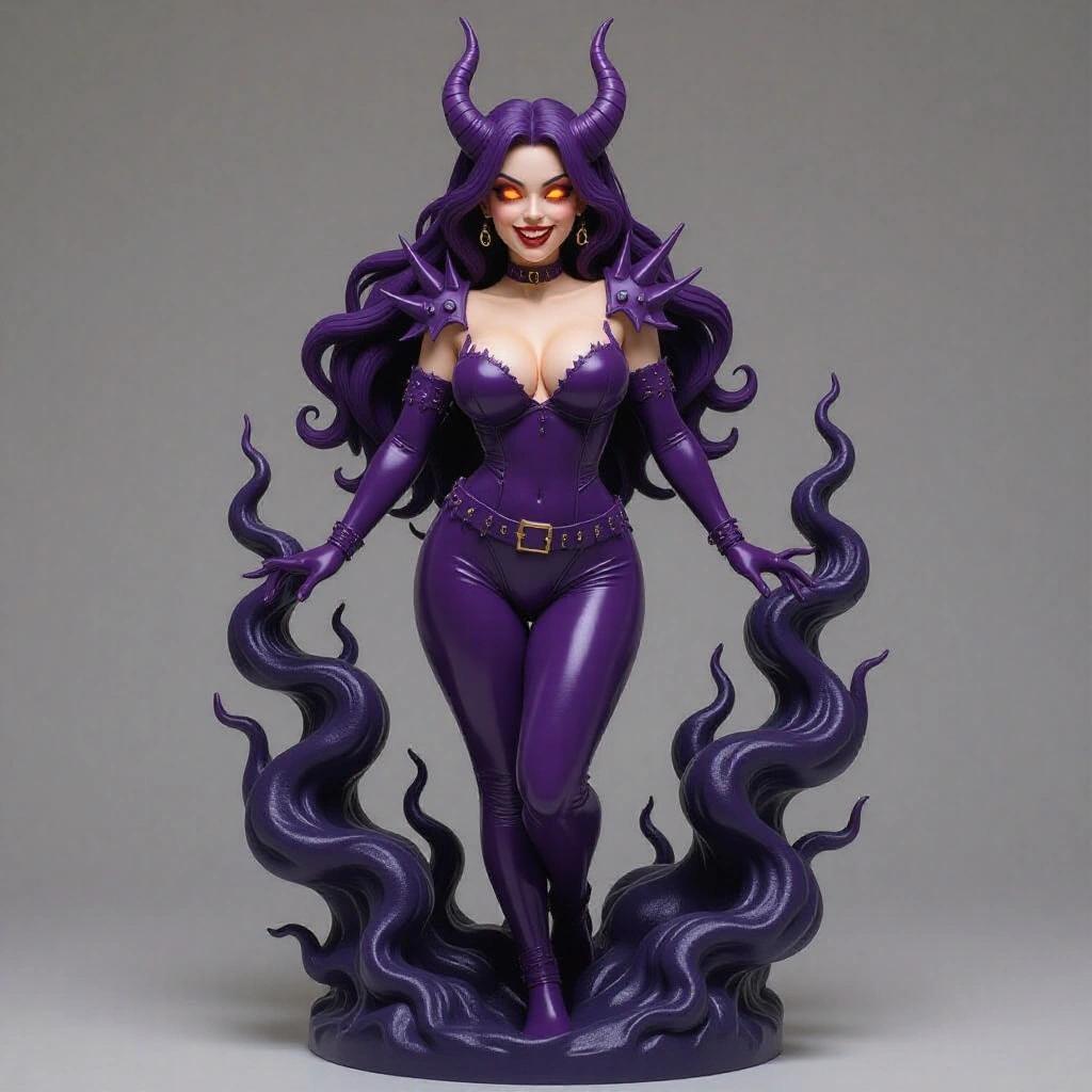 Gengar-inspired resin figure depicting a voluptuous woman with dark purple skin and demon-like features. She has glowing eyes and a wicked grin, dressed in a tight purple latex suit with spiked shoulders and a belt. Her long flowing hair resembles smoke, enhancing her powerful and sensual pose. The figure stands on a base resembling smoke and shadows, embodying a dark, evil, and sexy aesthetic suitable for full-body resin printing.