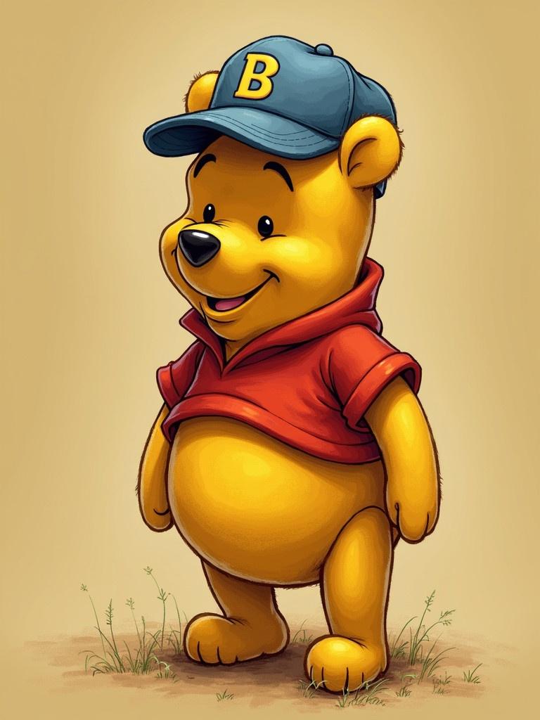 Winnie the Pooh is wearing a red hoodie and a blue cap with the letter B. The bear has a cheerful expression and stands confidently. The background is neutral and simple, ideal for highlighting the character.