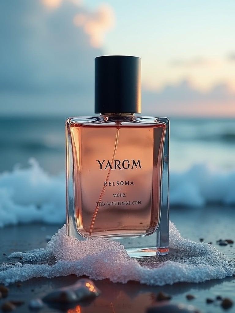 A perfume bottle stands on the edge of the ocean. Waves crash against the shore. A beautiful sunset provides a warm glow.