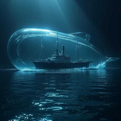 A ship at sea inside a whale made of glass. The scene is super realistic and hyper detailed. Dramatic underwater lighting in blue and black tones with medium visual stylization.