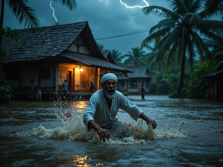 Powerful night scene in rural Indonesia. A flash flood engulfs a traditional luxury house. An elderly ustad in white turban fights the current, half-submerged. Shock visible on his face. Nearby villagers are frozen in fear, drenched by rain. Palm trees bend, debris floats. Night sky flashes with lightning. Emotional chaos displayed.