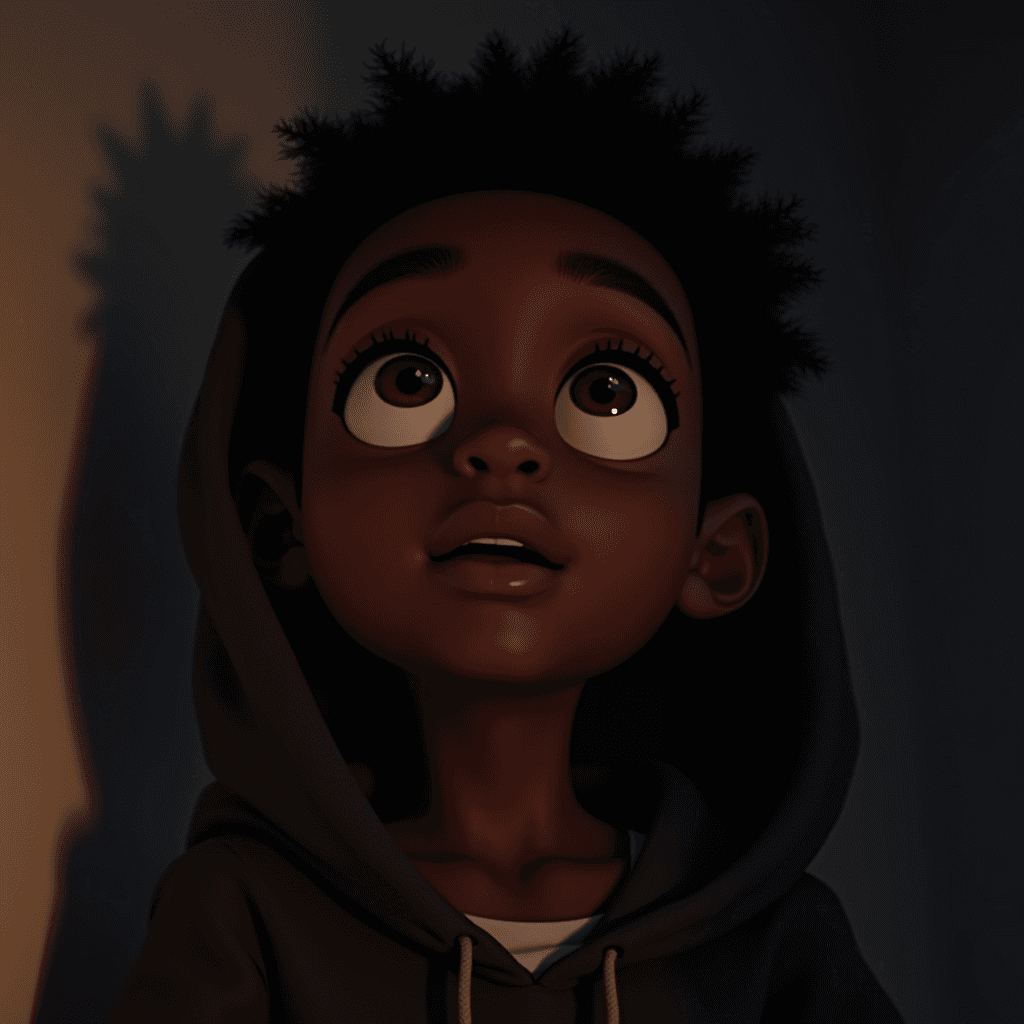 A child with wide eyes looks upwards, wearing a dark hoodie in a softly lit environment.