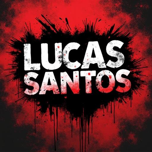 Edgy urban logo design featuring the name LUCAS SANTOS in a distressed mid-graffiti font with vibrant red and black colors including a gritty street-art texture. The work showcases splashes and rough edges for an intense, rebellious visual appeal.