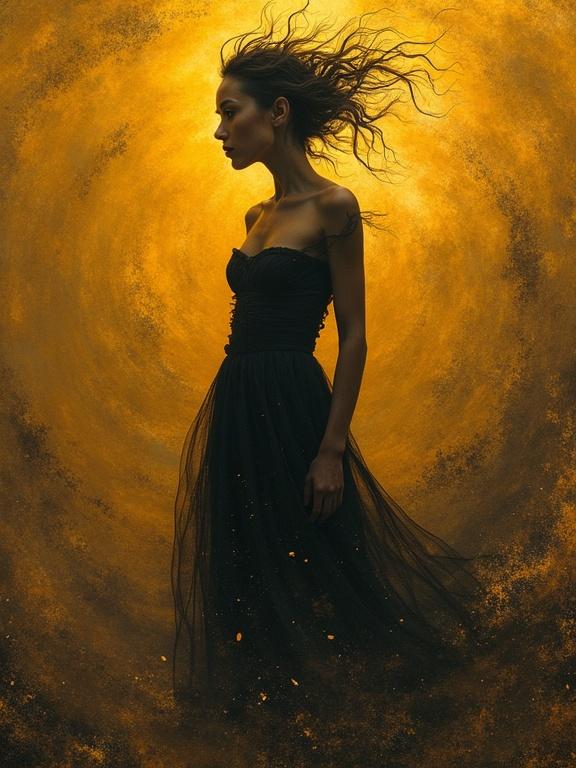 Stunning portrait of a figure with deep emotions. The figure stands in a swirling landscape. Expression shows disappointment and astonishment. Warm amber and gold hues create an ethereal glow. Background features abstract, moving patterns. High resolution. Masterpiece
