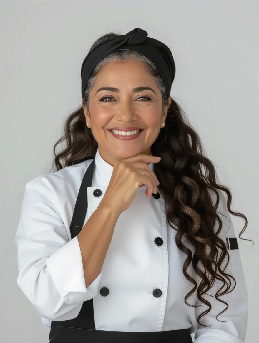 Portrait of an experienced pastry chef standing in front of a light background. She has dark skin and curly hair styled with a headband. Wearing a black chef's blouse with long sleeves and buttons. Her hands are positioned thoughtfully on her chin. The setting is professional with studio lighting and a clean background.