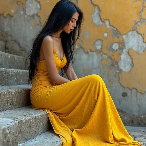 A woman with long black hair with streaks of silver sits on stone steps. She wears a golden-yellow gown that resembles the cracked wall behind her. The dress's texture mimics peeling plaster and dried paint. Folds and creases of the gown mirror the irregular patterns of the wall's decay. She has a serene posture with her head tilted down and one arm across her torso. The gown's color blends with the wall's hues. Soft golden-hour sunlight highlights the dress's texture.