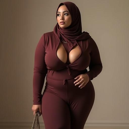 Hijabi woman dressed in stylish burgundy outfit. She has pronounced curves. Full-body shot showing sophisticated modest wear.
